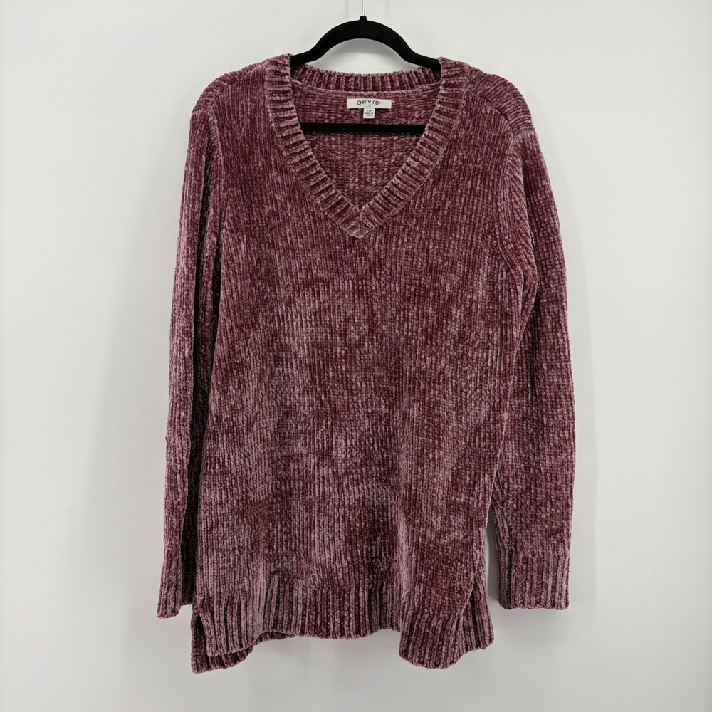 Orvis Velvety Chenille V Neck Tunic‎ Sweater Dusty Rose Purple Ribbed Size Large